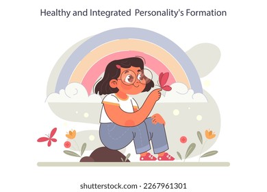 Positive parenting tips. Formation of your child's healthy and integrated personality. Kid growing in loving family. Parents support and care. Mom and dad advice. Flat vector illustration