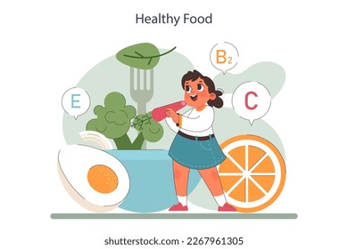Positive parenting tips. Formation of your child's healthy habits and responsibility. Parents encourage a healthy diet. Balanced meals support child's growth. Flat vector illustration