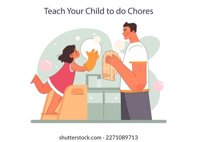 Positive parenting tips. Formation of your child's health and responsibility. Little girl doing household chores, helping her father to do dishes. Flat vector illustration