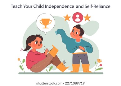 Positive parenting tips. Formation of your child's independence and self-reliance. Little child gains everyday life skills and abilities. Accomplishing daily self-care. Flat vector illustration