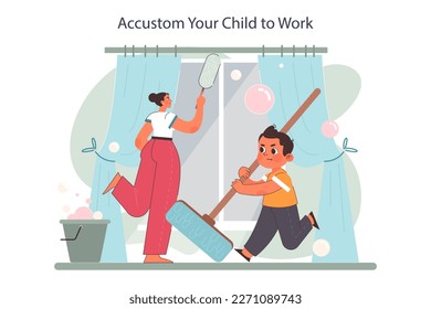 Positive parenting tips. Formation of your child's health and responsibility. Little boy doing household chores, holding a mop for floor cleaning. Flat vector illustration