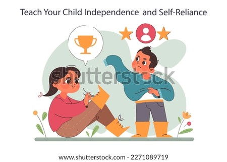 Positive parenting tips. Formation of your child's independence and self-reliance. Little child gains everyday life skills and abilities. Accomplishing daily self-care. Flat vector illustration