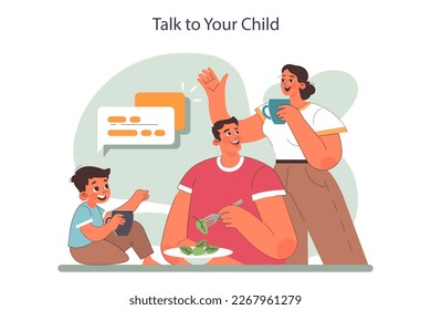 Consejos positivos para la crianza de los hijos. Los padres mantienen conversaciones con sus hijos, promoviendo la comunicación y las relaciones familiares. Educación y desarrollo emocional. Ilustración vectorial plana