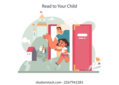 Positive parenting tips. Read to your child. Dad and daughter reading a book. Literacy development, kid education. Joyful childhood moment. Flat vector illustration