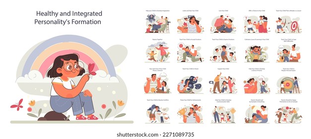 Positive parenting tips set. Formation of your child's healthy and integrated personality. Kid growing in loving family. Parents support and care. Mom and dad advice. Flat vector illustration