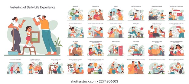 Positive parenting tips set. Fostering advice. Formation of your child's daily skills. Happy family with a child communication and realtionship. Flat vector illustration