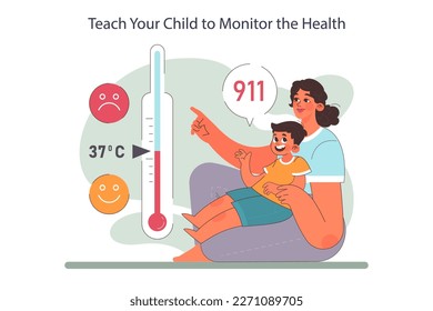 Positive parenting tips. Teach your child to monitor the healt. Mother checking her child's temperature using a thermometer. Checking for fever or flu symptoms. Flat vector illustration