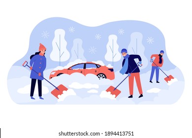 Positive people cleaning backyard area after snowy storm flat vector illustration. Cartoon men and woman removing snow from buried car. Winter activities and season concept