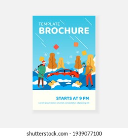 Positive people cleaning backyard area after snowy storm flat vector illustration. Cartoon men and woman removing snow from buried car. Winter activities and season concept