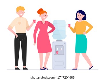 Positive people drinking water at cooler. Office colleagues, chatting, break flat vector illustration. Beverage, refreshment, watercooler concept for banner, website design or landing web page