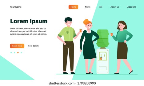 Positive people drinking water at cooler. Office colleagues, chatting, break flat vector illustration. Beverage, refreshment, watercooler concept for banner, website design or landing web page