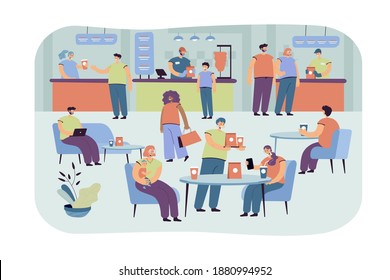 Positive people eating in cafe isolated flat vector illustration. Cartoon characters having lunch in food court. Cafeteria interior and restaurant in shopping mall concept