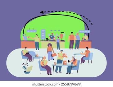 Positive people eating in cafe isolated flat vector illustration. Cartoon characters having lunch in food court. Cafeteria interior and restaurant in shopping mall concept