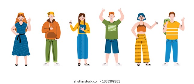 Positive people gesturing ok signs. A characters expression happy emotions, approval and agreement using ok, victory and thumb up hand gestures. Set of vector isolated illustrations