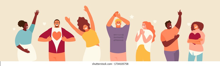 Positive people group expressing happiness and love. Vector characters illustration