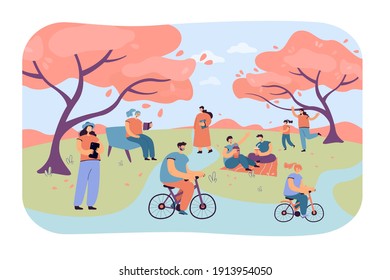 Positive people sitting in city park with cherry trees isolated flat vector illustration. Cartoon characters relaxing outdoors on hanami festival. Summer activity and nature concept