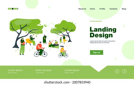 Positive people sitting in city park with cherry trees isolated flat vector illustration. Cartoon characters relaxing outdoors on hanami festival. Summer activity and nature concept