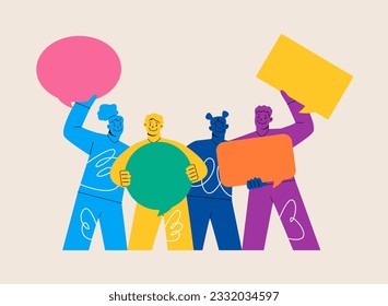 Positive people standing holding bubble speech nearby over. Communication, chat, speech concept. Colorful vector illustration
