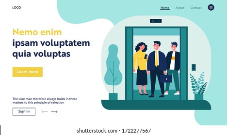 Positive people standing on elevator cab. Men and woman standing inside lift cabin with open doors. Vector illustration for architecture, transportation, technology concept
