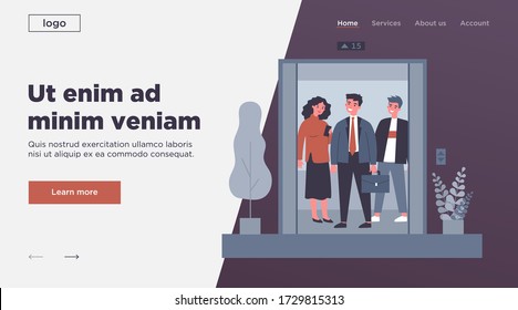 Personas positivas paradas en un taxi. Hombres y mujeres parados dentro de la cabina del ascensor con puertas abiertas. Ilustración vectorial para arquitectura, transporte, concepto de tecnología