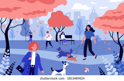 Positive people walking dogs. Dog owners with pets on with leash in city park flat vector illustration. Animal care, hobby, lifestyle concept for banner, website design or landing web page