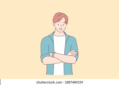 Positive person and emotion concept. Young smiling boy wearing casual clothing standing with crossed arms and looking at the camera vector illustration 