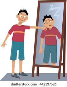 A positive person tapping his own sad reflection in the mirror on the shoulder, EPS 8 vector illustration, no transparencies