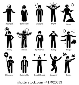 Positive Personalities Character Traits. Stick Figures Man Icons. Starting with the Alphabet B.