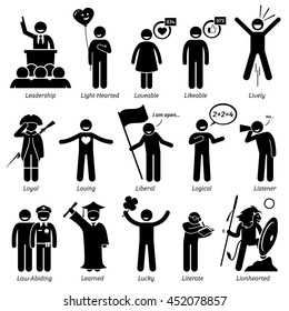 Positive Personalities Character Traits. Stick Figures Man Icons. Starting with the Alphabet L.