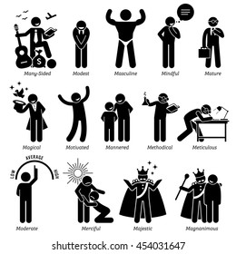 Positive Personalities Character Traits. Stick Figures Man Icons. Starting with the Alphabet M.