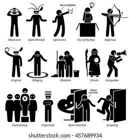 Positive Personalities Character Traits. Stick Figures Man Icons. Starting with the Alphabet O.