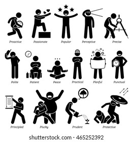 Positive Personalities Character Traits. Stick Figures Man Icons. Starting with the Alphabet P.