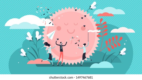 Positive persons illustration. Flat tiny happy joy emotion person concept. Fun, cheerful and festive mood expression. Celebration entertainment lifestyle with successful and inspirational social group