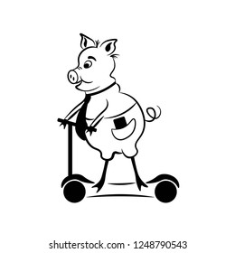 
Positive, pig with tie on scooter in black outline on white background.