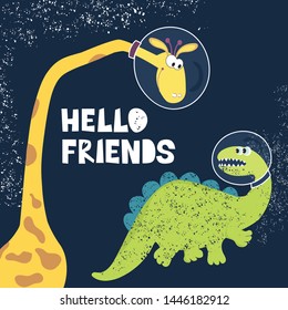 Positive postcard Hello friend. Giraffe and Dino greet