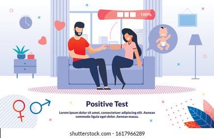 Positive Pregnancy Test, Baby Birth Happy Waiting, Maternity Planning Trendy Flat Vector Banner, Poster. Pregnant Woman Telling Husband About Pregnancy, Couple Preparing to Became Parents Illustration