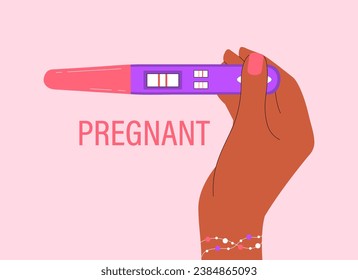 Positive pregnancy test concept. Hand with medical equipment. Pregnant woman and future mother. Medicine and health care. Cartoon flat vector illustration isolated on pink background