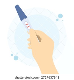 Positive Schwangerschaftstest Vektorgrafik mit zwei Linien in der Hand der Frau. Schwangerschaftsankündigung, Familienplanung, Mutterschaft und Konzept der reproduktiven Gesundheitsversorgung.