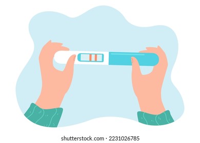 Positive pregnancy test in womans hands flat vector illustration. Female hand holding test with two stripes. Fertility, motherhood, baby planning concept for banner, website design or landing web page