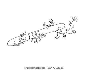 Teste de gravidez positivo envolto em torno de ramo florescente. Vetor desenhado à mão com flores e folhas em estilo de primavera. Esquema simbólico de fertilidade para temas da maternidade. Esboço de maternidade pacífico