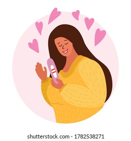 Positive pregnancy test. Young woman holds test with two stripes in her hand and smiling. Happy mother. Trendy hand drawn style with bright colors. pink hearts around. Vector illustration
