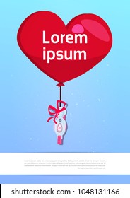 Positive Prenancy Test Flying With Heart Shapes Balloon Over Background With Copy Space