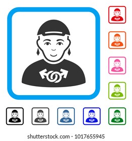 Positive Pride Gay vector icon. Person face has cheerful feeling. Black, grey, green, blue, red, orange color versions of pride gay symbol inside a rounded rectangular frame.