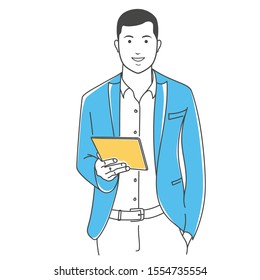 Positive programmer outline stock vector illustration. Happy businessman holding tablet computer white background. Young manager something demonstrates.