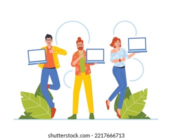 Positive Promoters Point On Empty Screen Of Laptops with Place of Advertising or Information. Male And Female Characters Presenting Modern Devices or Application. Cartoon People Vector Illustration