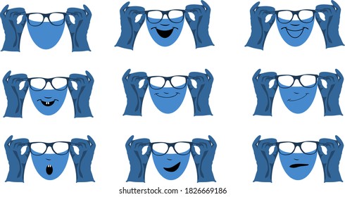 Positive protective emotional masks with gloves and glasses. Protect yourself with masks, gloves, and glasses. Protecting Your face from the virus