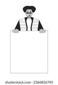 Positive protester flat line black white vector character. Male on demonstration. Announcement. Editable outline half body person. Simple cartoon isolated spot illustration for web graphic design