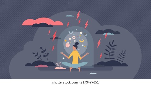 Positive psychology as calm attitude for inner peace tiny person concept. Life harmony with optimism and focus on good things vector illustration. Improvement on mental health after patient therapy.