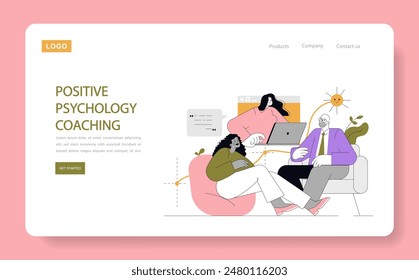 Positive Psychology Coaching concept. An illustration of a therapy session with a joyful mood and modern aesthetic. Personal growth and mental health support. Vector illustration.