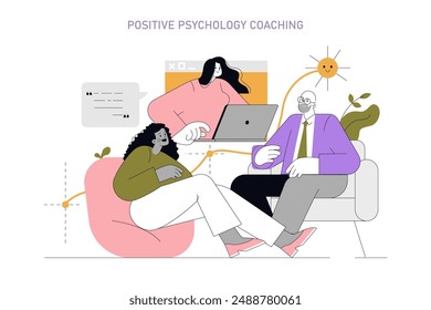 Positive psychology coaching concept. A relaxed client communicates with a therapist during a counseling session. Personal development and mental well-being. Vector illustration.